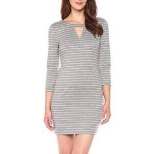 Jack BB Dakota Grey Striped 3/4 Sleeve V-Neck V-Back Bodycon Mini Dress Sz Small